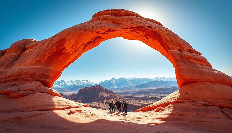 Family friendly outdoor activities under a red rock arch in a desert.