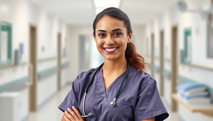 Smiling nurse in a clinical setting.
