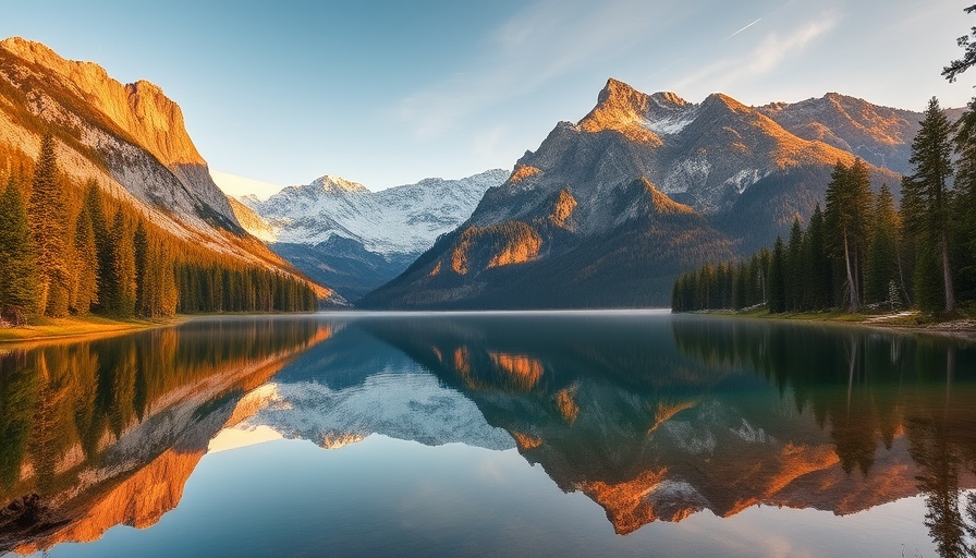 Sawtooth Mountains reflecting in pristine Idaho lake at sunrise.