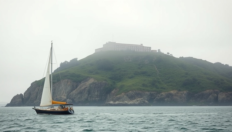 A sailboat near Alcatraz Island with the iconic prison.