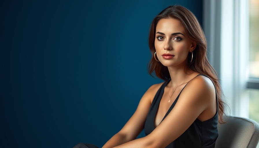Elegant woman sitting against dark blue background.
