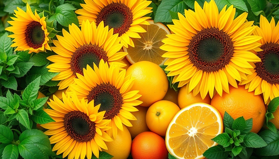 Lush natural arrangement with sunflowers and citrus for L'Occitane nature-first sourcing.