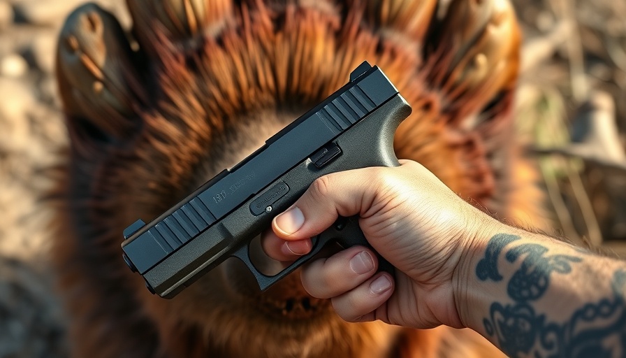 Rugged 10mm pistol displayed against a bear paw for bear safety.