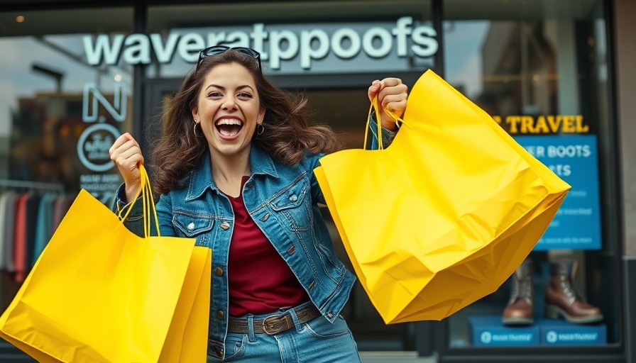 Smiling woman with Nordstrom bags promoting waterproof boots.