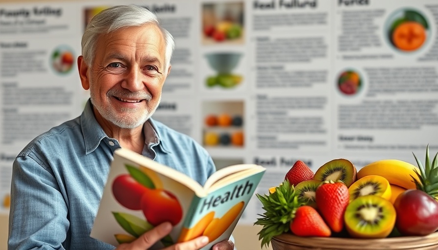 Mango health benefits graphic with fruit bowl and smiling man holding book.