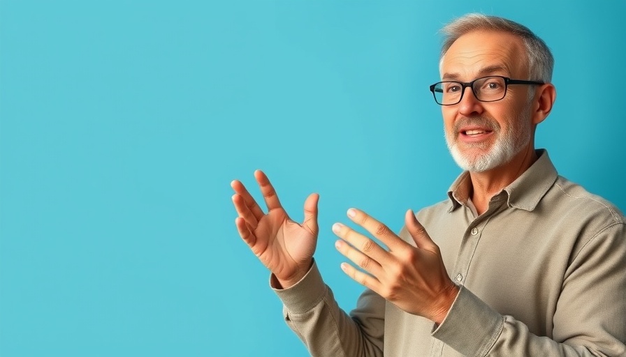 Expert discussing healthy food to fight cancer against blue backdrop.