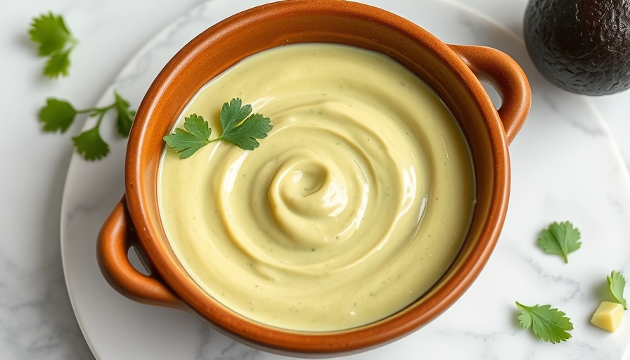 Avocado cilantro lime dressing in ceramic bowl, top view.