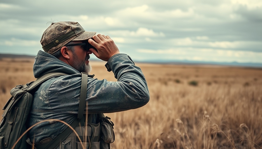 Hunter with best backpack for big-game hunting scanning terrain in open grasslands.