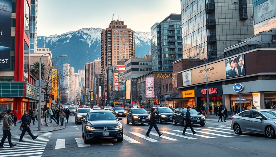 Vibrant street scene in Vancouver city with mountain backdrop.