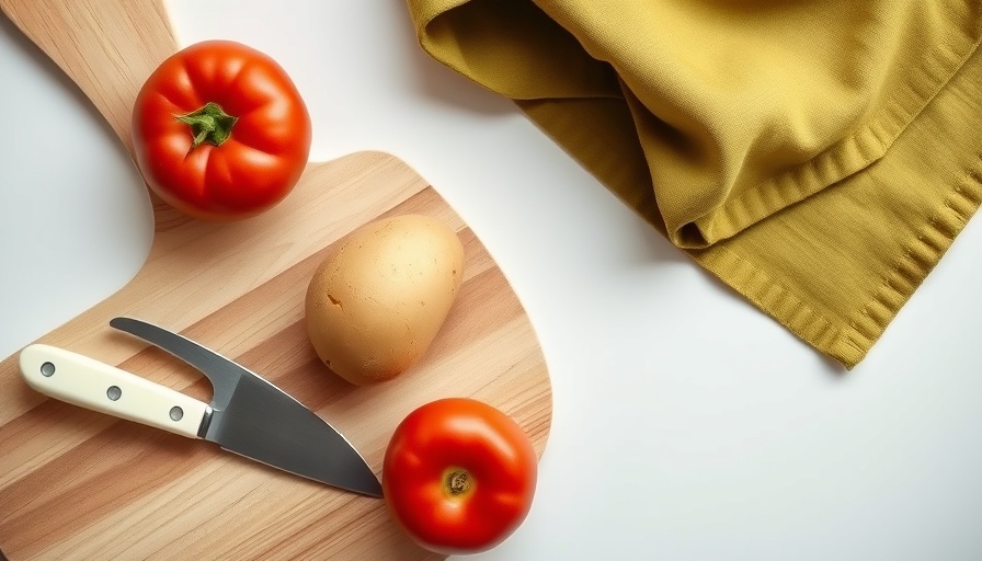 Fresh vegetables with knife on cutting board in kitchen.