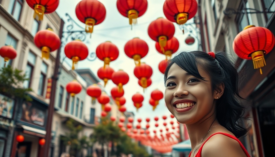 Young woman enjoying a lively street under red lanterns in Britain