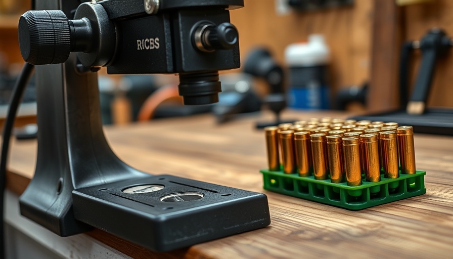 RCBS reloading press and brass cases on a wooden table.