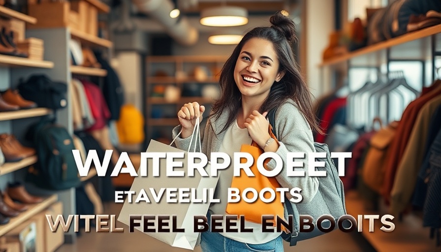 Energetic woman with shopping bag promoting waterproof low heel boots for travel.