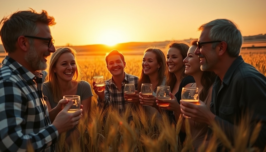Group in field toasting whiskey, sustainable whiskey production.