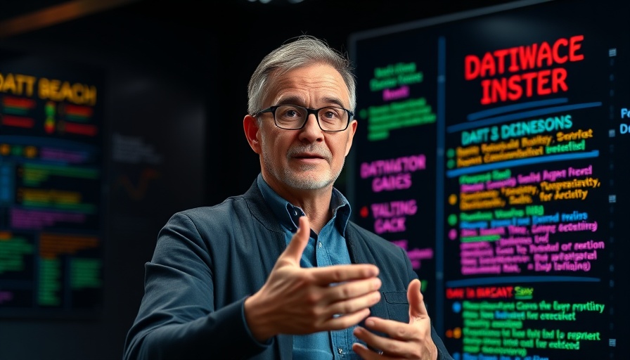 Middle-aged man explains data breach insights with digital notes, 2025 Cost of a Data Breach.