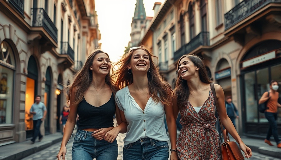 Joyful women exploring Budapest streets, capturing vibrant architecture