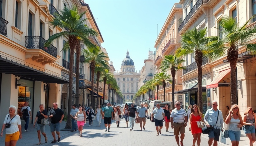 Urban street scene with people and elegant buildings.