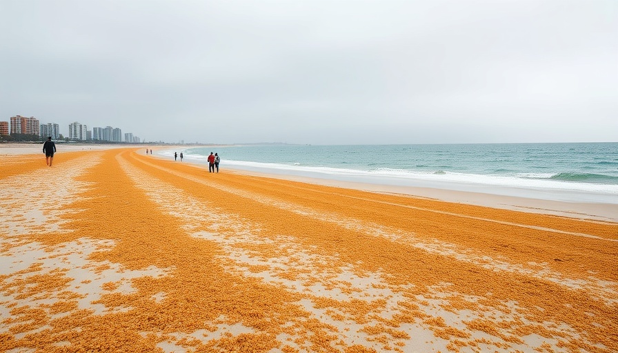 Sparse beach scene with seaweed on Mexican coast, overcast day.