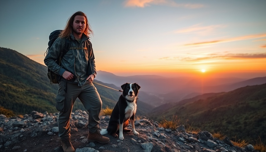 Adventurous man and dog in mountain setting, sunset backdrop