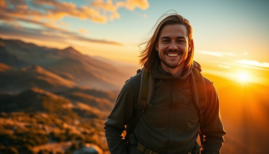Young man in hiking gear on a mountain at sunset, capturing survival stories in the wilderness.