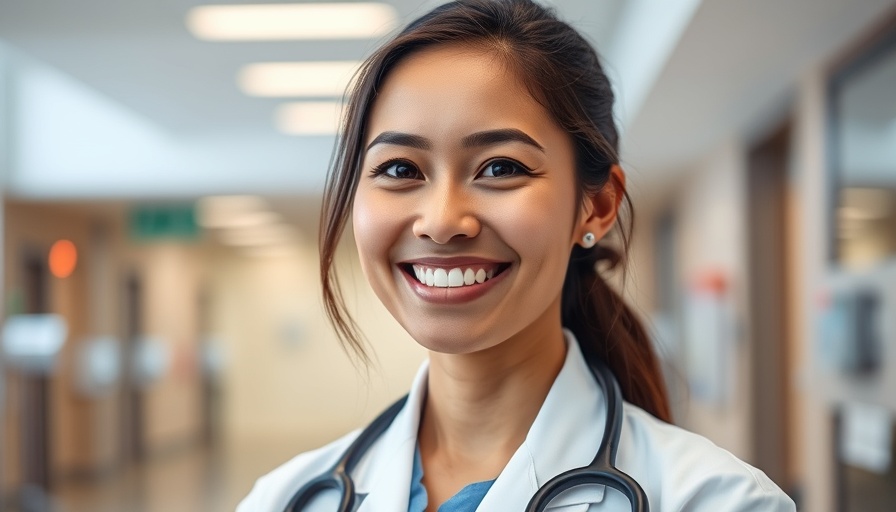Smiling female doctor portrait in a hospital setting.