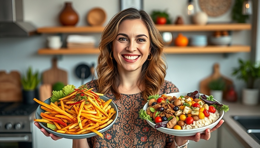 Cheerful woman displaying colorful plant-based protein dishes in a bright kitchen.