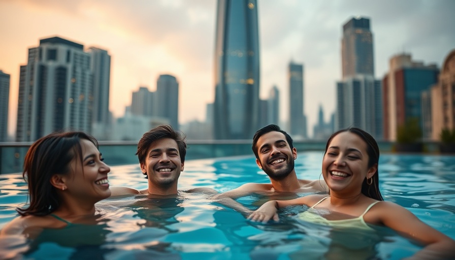 Friends in rooftop pool during family travel in Houston cityscape.