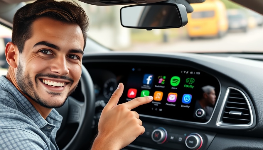 Android Auto connect apps displayed on car screen with man smiling.