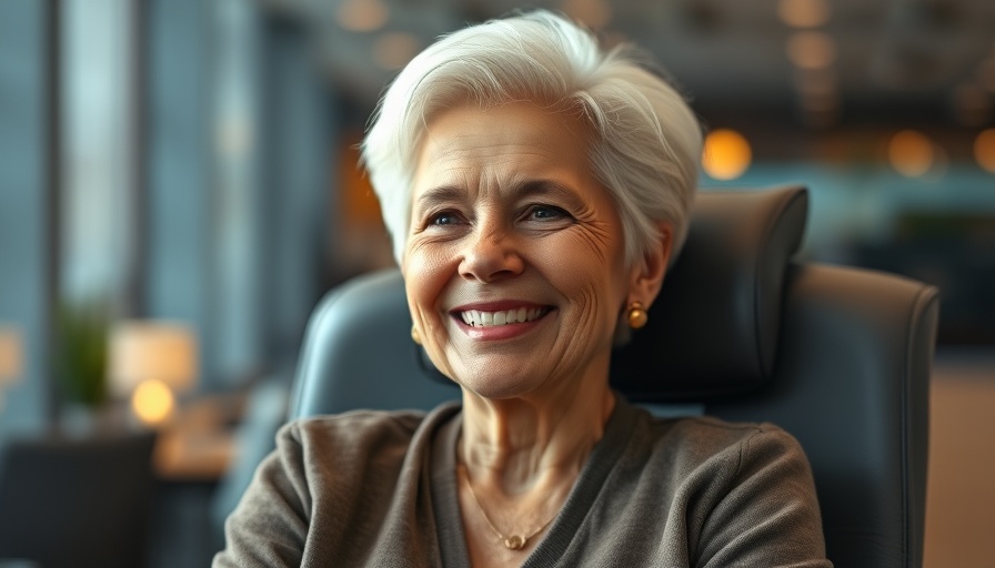 Senior woman in office attire smiling confidently indoors.