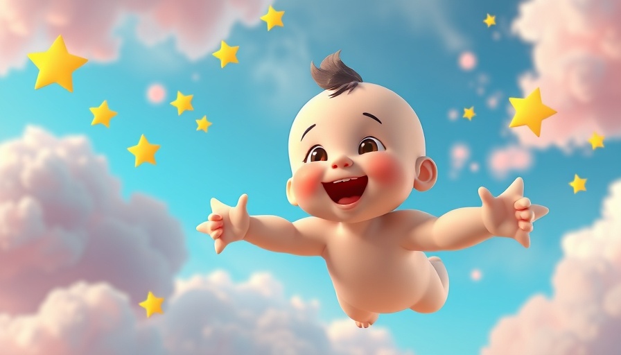Animated children's fun scene with baby and stars in a colorful sky.