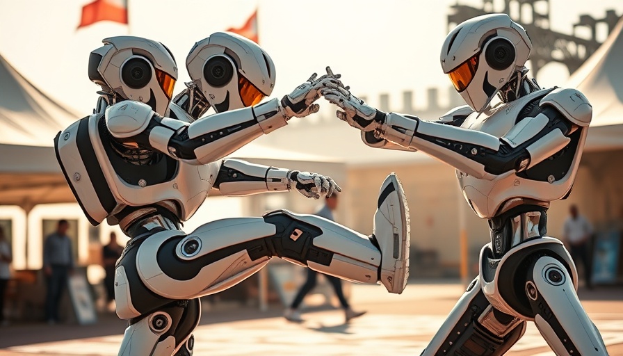Affordable humanoid robots performing martial arts outdoors.