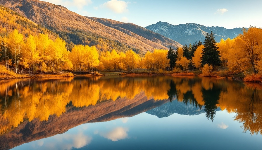 Serene fall scenery with yellow trees reflecting in a lake.