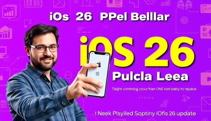 iOS 26 Public Beta Guide with man showcasing smartphone, colorful backdrop.