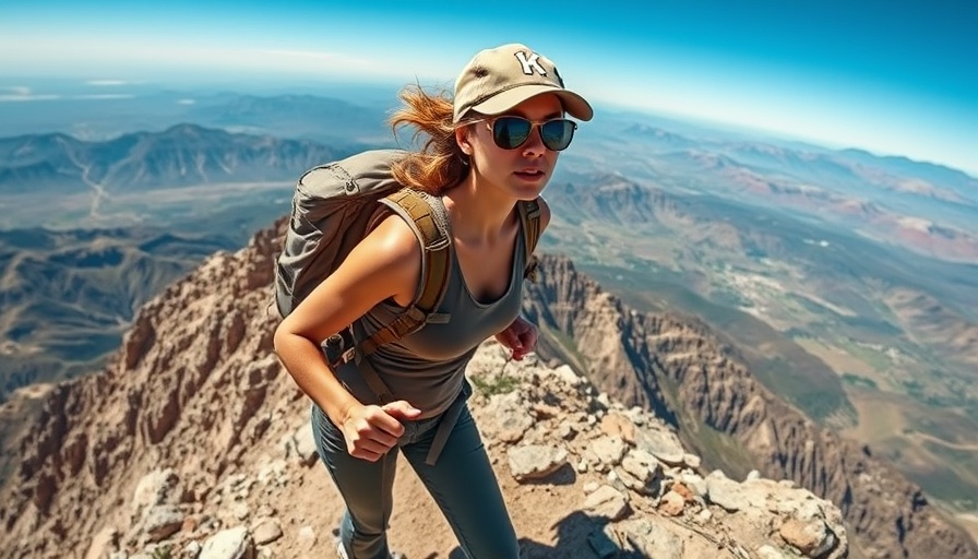 Female hiker climbing Borah Peak with panoramic valley view.