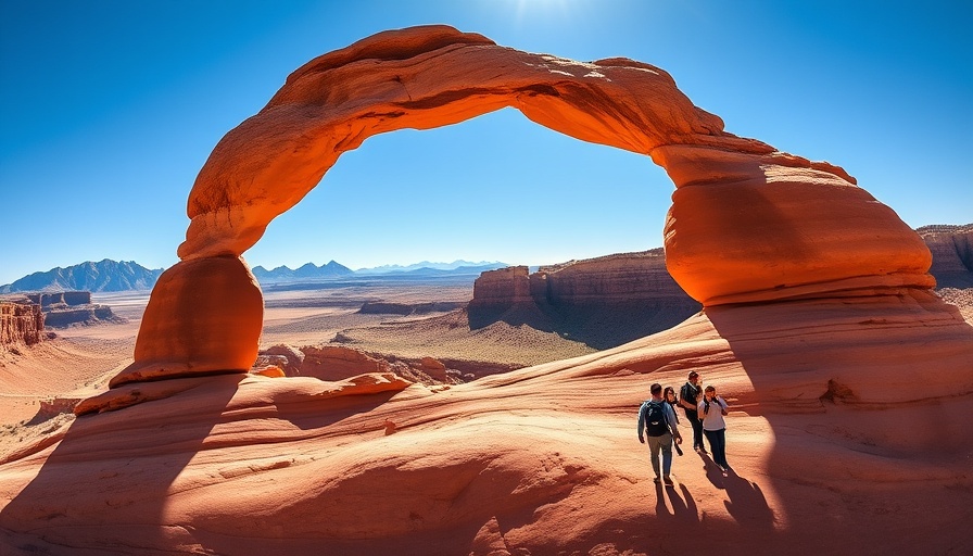 Tourists at Delicate Arch enjoying family friendly outdoor activities.