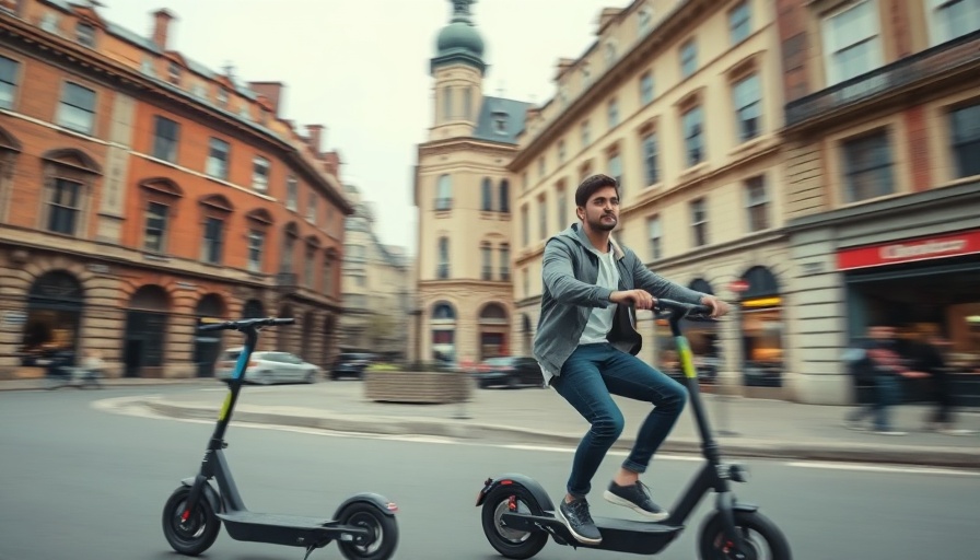 View of two men on electric scooters in a city, highlighting environmental impact.