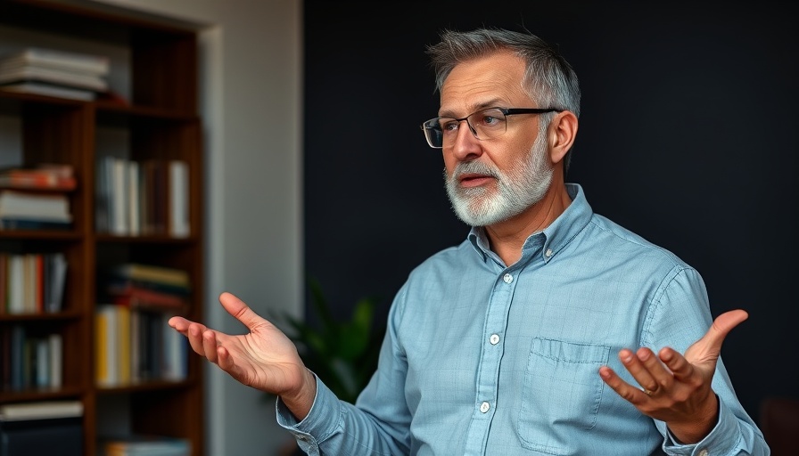 Middle-aged man gesturing health advice indoors, explaining benefits of eating healthy.