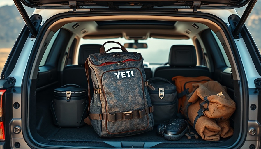 YETI Ranchero 22L Backpack in SUV trunk with travel gear.