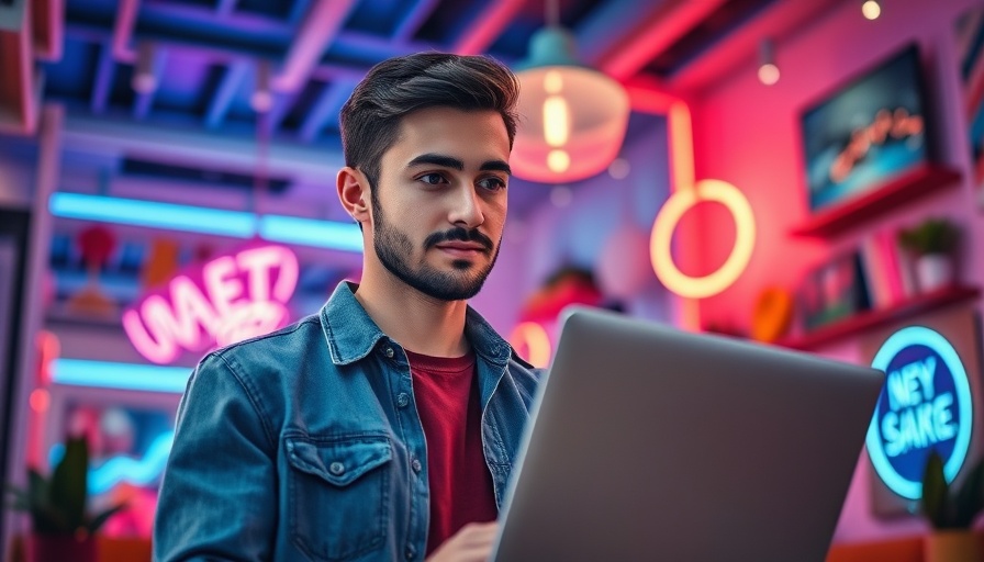Young man discusses AI SEO strategies with a laptop.