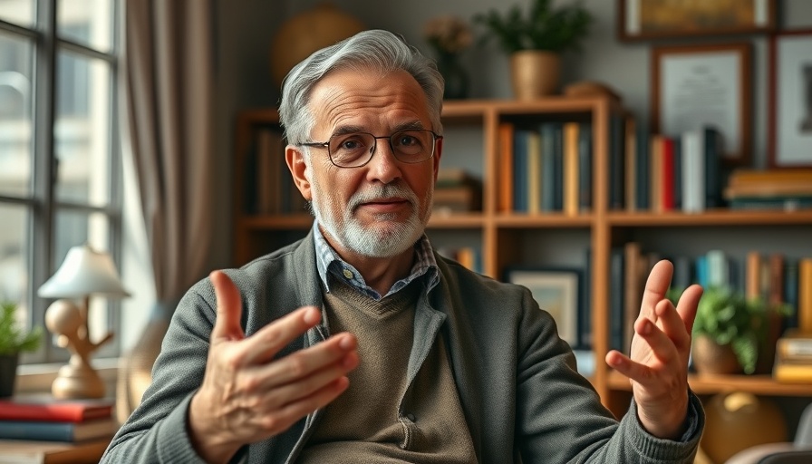 Confident man discussing brain fog remedies with healthy foods.