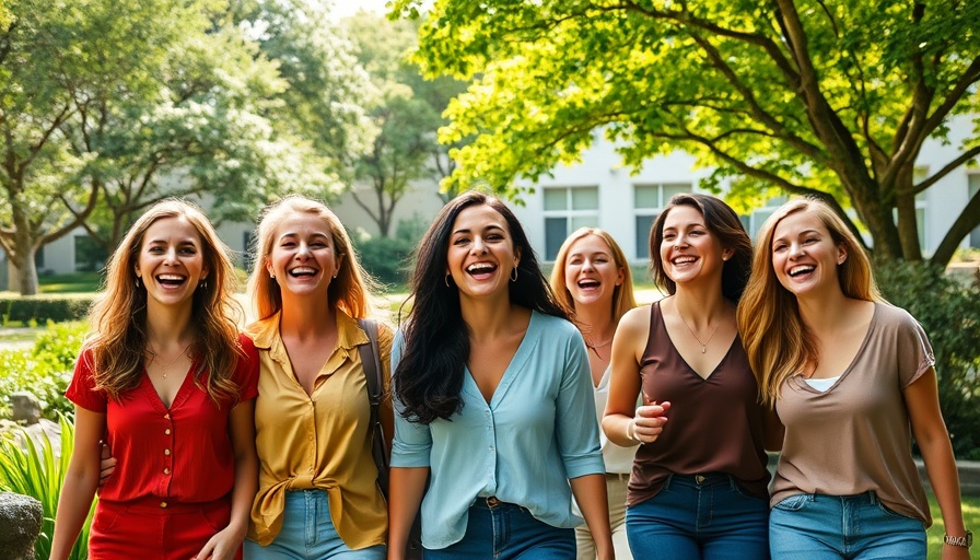 Joyful women walking together outdoors in a lush garden setting.