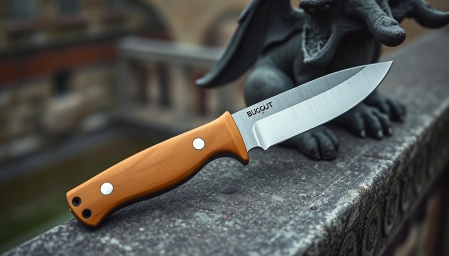 Tan Benchmade Bugout knife on ledge near gargoyle.