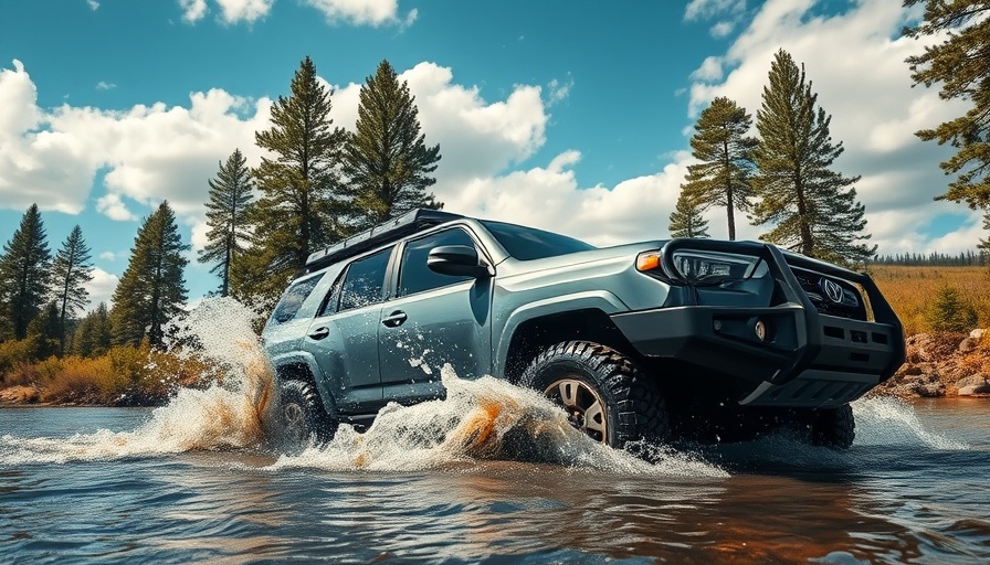 Powerful SUV with rugged terrain tires splashing through water.