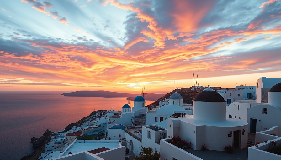 Sunset over Santorini's white buildings and windmills. Authentic Greek Island Experiences.