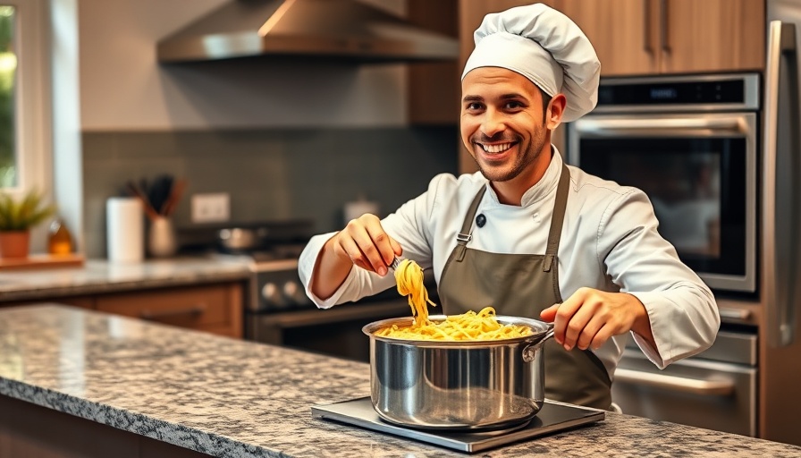 Joyful chef preparing dish in a modern kitchen.