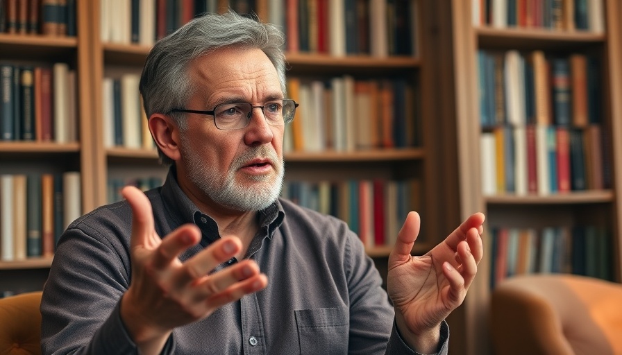 Middle-aged man gesturing expressively in a study setting.
