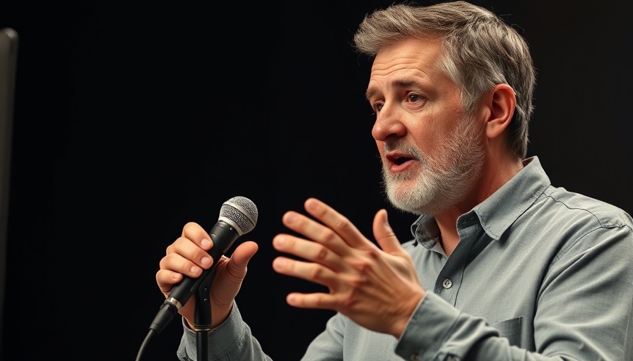 Man speaking into microphone in studio, soft lighting.