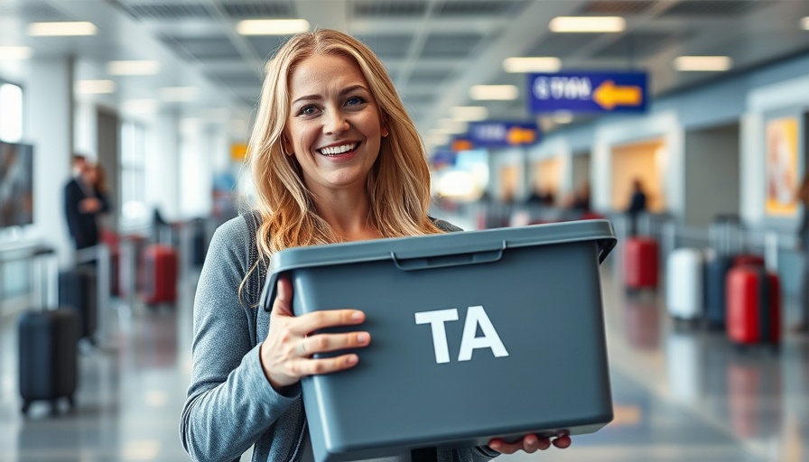 Blonde woman with TSA gray bin in playful airport setting.