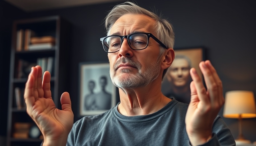 Middle-aged man demonstrating healthy body breathing techniques indoors.