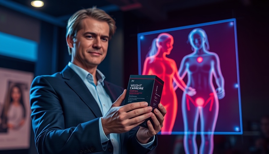 Conquering hunger for weight loss strategy with product and holographic figures.